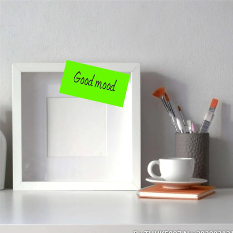 3 X 5 Inch Rectangle Adhesive Color Coding Stickers Fluorescent Green on a frame with 'Good mood' text in an office setting