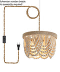 Boho Beaded Flush Mount Ceiling Light 3 Light Fixture In Rustic Antique White Wood Beads with warm glow and rope cord