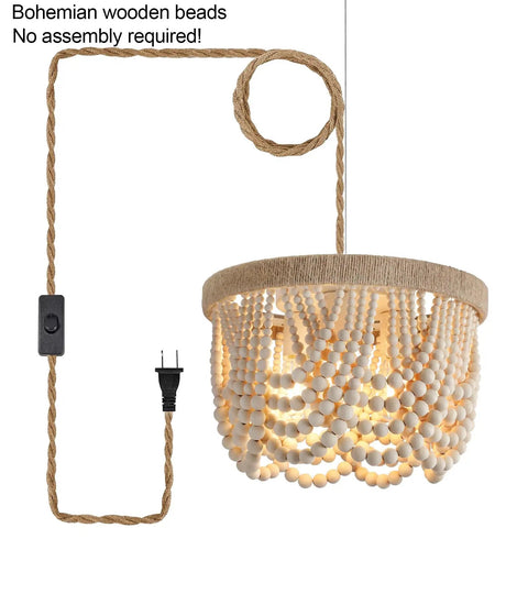Boho Beaded Flush Mount Ceiling Light 3 Light Fixture In Rustic Antique White Wood Beads with warm glow and rope cord