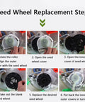 Steps for replacing seed wheel on Walk Behind Seeder Spreader With 8 Seed Plates And Dual Storage Buckets For Seeds And Fertilizer.