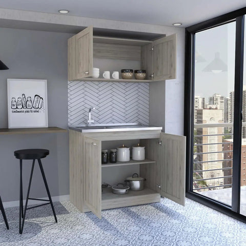Built Like A Tank Wooden Twin Cabinet Set In Fresh Light Gray With Dual Countertops and compartments in modern kitchen.