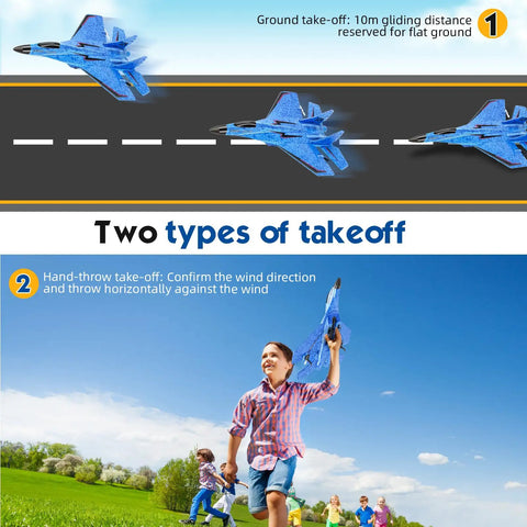 Two types of takeoff with Remote Control Airplane Toy For Outdoors 2CH 2.4Ghz RC Plane With Lights, Durable Foam Jet.