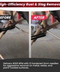 Compact Air Needle Scaler For Rust Removal With 12 Hardened Needles And 4000 BPM Power before and after rust removal demo.