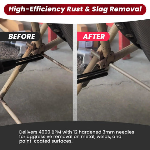 Compact Air Needle Scaler For Rust Removal With 12 Hardened Needles And 4000 BPM Power before and after rust removal demo.