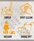 Care instructions for 3 Ft By 11 Ft Rug Pad With Dual Surface Felt And Rubber Grip including sweep, spot clean, vacuum, shake off.