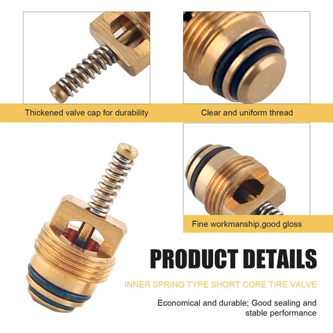 Air Conditioning Valve Core Kit 16 Pack R134A Universal AC Service Valves And Pressure Caps close-up showing brass valve core details