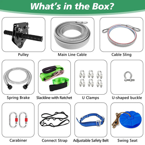 Components of the Ultimate Zip Line Kit For Kids And Adults Outdoor 80 Ft including pulley, main line cable, and spring brake.