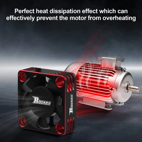 Heavy Duty 30mm RC Motor Cooling Fan With Heatsink, 28,000 RPM ESC Cooler next to engine, showing heat dissipation effect.