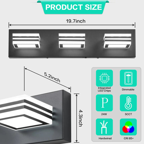 Modern Dimmable Vanity Lights For Bathroom LED Three Light Over Mirror Chrome Bath Wall Fixture With No Fuss 15 Minute Install And Hardwired USA Standard Back Plate product size diagram showing dimensions and features, including integrated LED chips, dimmable, and hardwired.
