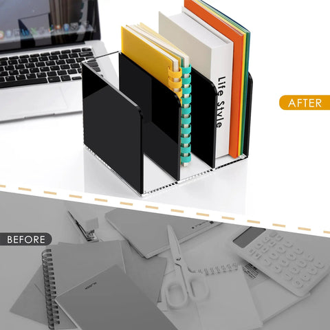 Clear Acrylic Desk Organizer With 3 Vertical Compartments For Files Magazines And Folders Desktop File Holder Black Finish with documents and books