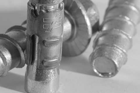 Strong-Bolt 2 Wedge Anchor 1/2 In X 5-1/2 In chamfered top, close-up view, suitable for static and seismic loads, metal finish.