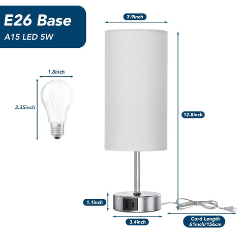 Touch Control Desk Lamp With 3 Way Dimming, 12.8 Inch Bedside Nightstand Light, 2 USB Ports, Modern Table Lamp For Bedroom And Living Room, Includes 6500K Daylight LED Bulb, dimensions shown.