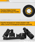 Impact Socket Extension Set 19 Piece With Swivel Universal Joints And Impact Coupler Ratchet Extensions and radius corners for enhanced torque transfer.