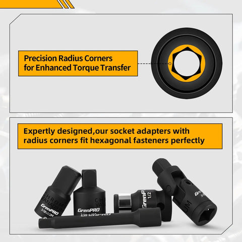 Impact Socket Extension Set 19 Piece With Swivel Universal Joints And Impact Coupler Ratchet Extensions and radius corners for enhanced torque transfer.