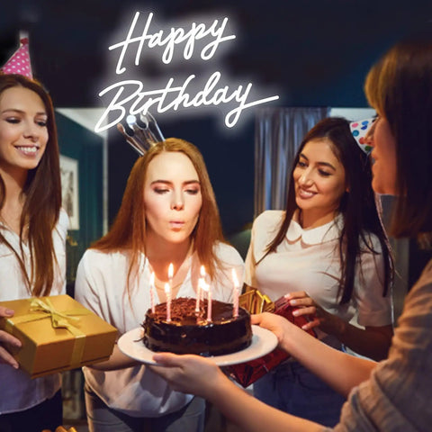 Group celebrating with cake under Dimmable LED Neon Birthday Sign 23 Inch Wall Backdrop Light For Party Decor