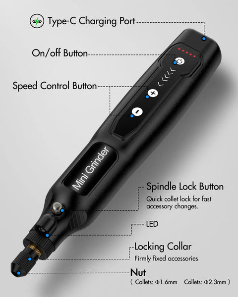 Badass Cordless Mini Rotary Tool With Five Speed Settings And Eighteen Thousand RPMs Rechargeable Engraving Pen With Bright Led Light And Sixty Four Piece Accessory Kit For Diy Crafting Sanding Polishing And Detail Work In Matte Black displaying buttons and features.
