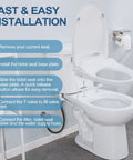 Premium Elongated Electric Bidet Toilet Seat installation steps on a bathroom toilet with instructions visible.