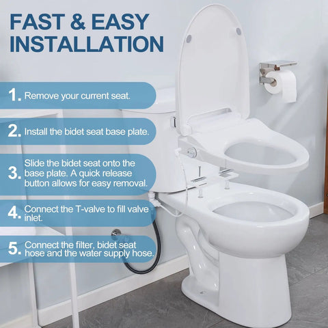 Premium Elongated Electric Bidet Toilet Seat installation steps on a bathroom toilet with instructions visible.