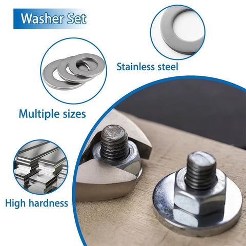 260 Piece Stainless Steel Flat Washer Set With Fender Washers M3 To M20 0.5mm Thick Assortment Gaskets For Bolts And Screws Industrial DIY Kit For Home Workshop And General Hardware Projects shown on bolts
