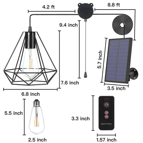 Dimensions of Solar Pendant Lights For Outdoors And Indoors With Pull Cord And Remote No Wiring Required Easy Setup