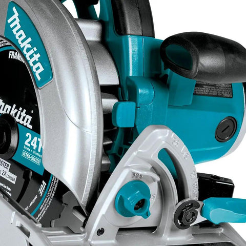 Close-up of Beast Of A Lightweight Magnesium 7-1/4 Inch Circular Saw With 15 Amp Motor, 5,800 RPM, built-in LED lights.