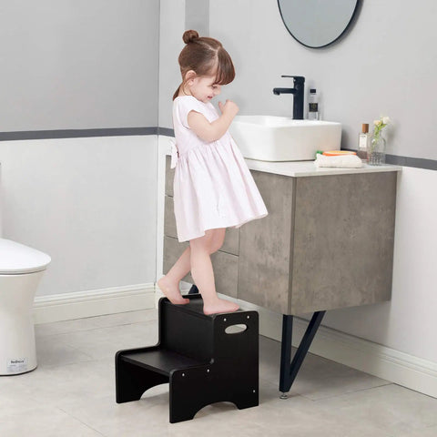 Knockout Grip Two Tier Kids Step Stool, Bathroom Sink Booster With Snug Handrails And Non Slip Base Pads For Potty Learning Or Kitchen Counter Reach, Straight Up Durable Build Crafted From Dense Birch Wood In Matte Black