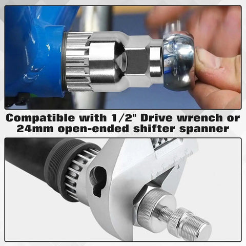 Beefy 20Cr Steel Bottom Bracket Tool With Anti Drop Device in use with 1/2 inch drive wrench and 24mm open-ended spanner