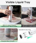 Compact Handheld Vacuum Sealer for Food with 10 Reusable Bags, shown sealing meat with visible liquid tray and detachable parts.