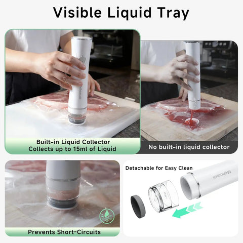 Compact Handheld Vacuum Sealer for Food with 10 Reusable Bags, shown sealing meat with visible liquid tray and detachable parts.