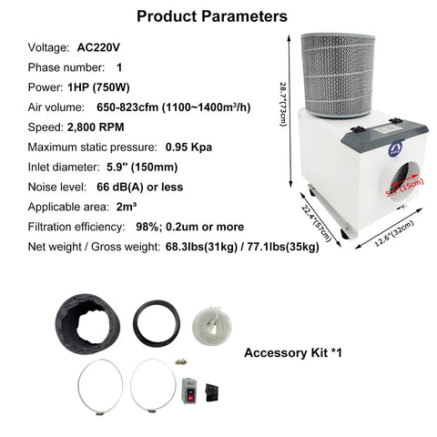 Solid Shop Beast Heavy Duty 1HP Oil Mist Collector And Industrial Fume Extractor with 650 to 823 CFM specifications.