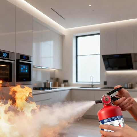 This 2.5 Lb Abc Fire Extinguisher Is A Total Game Changer For Home Garage And Car Safety extinguishing flames in a kitchen.