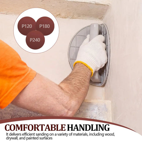 Pro Grade Drywall Corner Sander Kit With 24 Reusable 9 Inch Hook And Loop Discs in use on wall corner, grip detail visible.