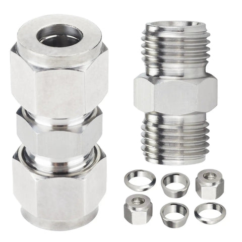304 Stainless Steel Compression Tube Fitting Union With Double Ferrule For 10mm Tube OD To 10mm Tube OD Set Of 2