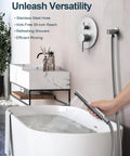 GRANDJOY 10" Wall Mount Shower System with Handheld Spray, Brushed Nickel, featuring a stainless steel hose and modern faucet.