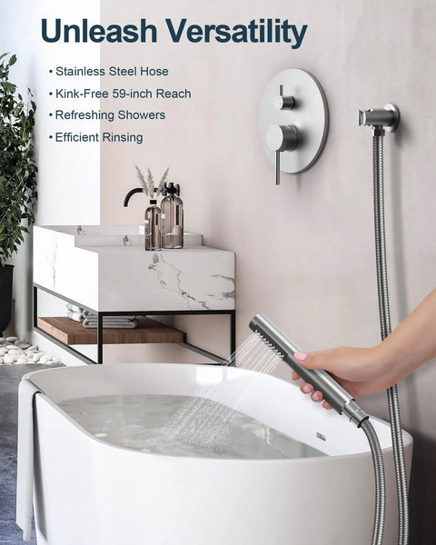 GRANDJOY 10" Wall Mount Shower System with Handheld Spray, Brushed Nickel, featuring a stainless steel hose and modern faucet.