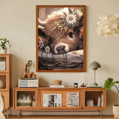 Highland Cow Themed 5D Diamond Painting Kit For Adults, Easy And Fun Round Gem Art, Beginner Friendly Craft Gift, Home Wall Decor 12x16 Inches, Includes Tools Wax Pens And Extra Diamonds displayed in living room setting.