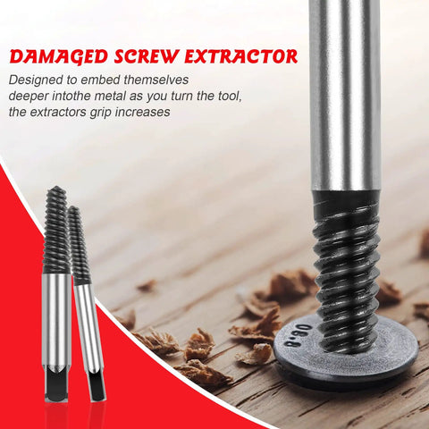 8 Piece Broken Water Pipe Extractor Set For Removing Stripped Screws And Broken Bolts, shown with metal screw extractor inserted.