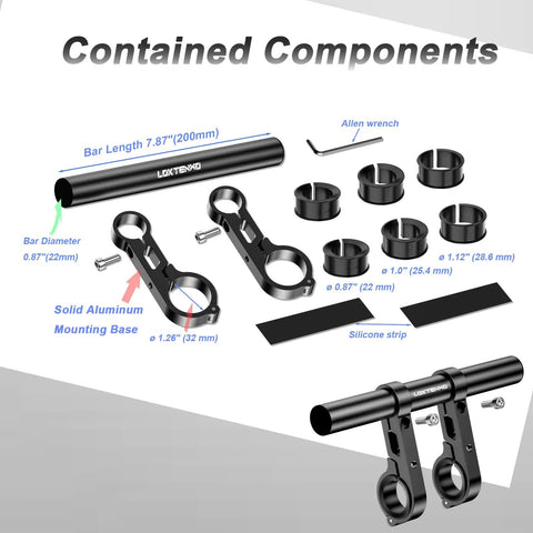 Long Bike Handlebar Extender 7.87 Inch Aluminum Alloy Extension with dual clamp, bar and silicone strips for bicycle and motorcycle.