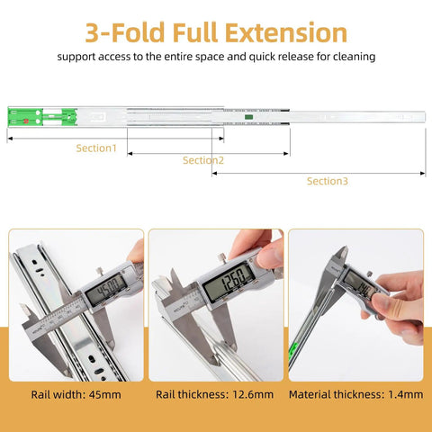 20 Inch Full Extension Drawer Slides With Soft Close, Heavy Duty Cabinet Drawer Tracks, 45mm Width Ball Bearing Rails, 3 Fold Adjustable Self Closing, 40kg Load Capacity, Durable Steel Mechanical Runner For Kitchen Cabinets And Dressers. 45mm rail width and thickness specs
