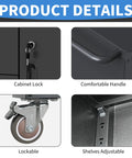 Beefy Heavy-Duty Metal Rolling Storage Cabinet With Wheels For Workshop, close-up of lock, handle, wheel, and adjustable shelving.