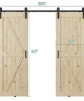 Front view of 56 X 84 Inch Solid Wood Panelled Barn Door Set With Heavy Duty Sliding Hardware Kit For Two Doors Unfinished Surface Ready To Stain DIY Friendly Assembly Fits 52 To 54 Inch Wide Openings.