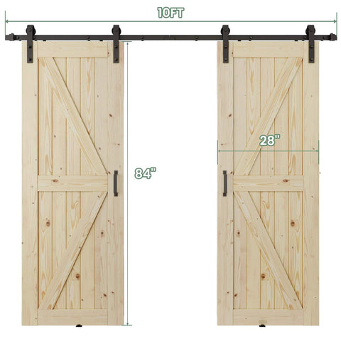 Front view of 56 X 84 Inch Solid Wood Panelled Barn Door Set With Heavy Duty Sliding Hardware Kit For Two Doors Unfinished Surface Ready To Stain DIY Friendly Assembly Fits 52 To 54 Inch Wide Openings.