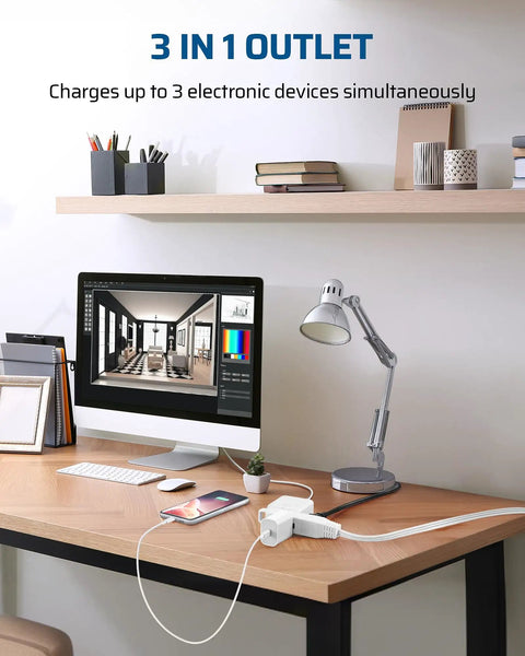 Two Pack 6 Foot White Extension Cords With Three Outlets 16/3 Gauge ETL Listed Flat Plug Grounded on desk with computer and lamp
