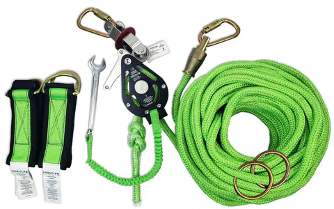 Heavy Duty 100 Foot Adjustable Horizontal Lifeline System For Up To Four Technicians With Badass Six Foot Anchor Straps, includes green rope and straps.