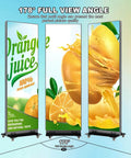 80 Inch Led Poster Display Straight Fire Visuals For Commercial Digital Signage Plug And Play Ad Screen With Cms Control Flight Case showing vibrant juice graphics at 178° viewing angle.