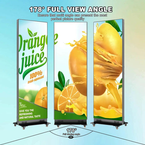 80 Inch Led Poster Display Straight Fire Visuals For Commercial Digital Signage Plug And Play Ad Screen With Cms Control Flight Case showing vibrant juice graphics at 178° viewing angle.