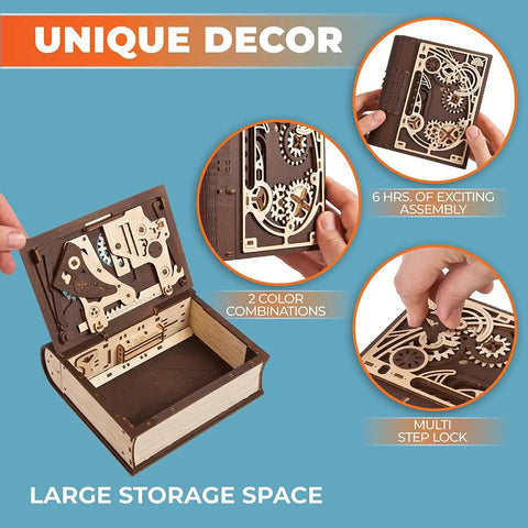 Wooden 3D Puzzle Box For Adults With Steampunk Combination Lock, Book Of Secrets DIY Mechanical Puzzle Kit, Interactive Brain Teaser With 263 Pieces, Medium Difficulty, Buildable Model For Curious Hands On, open wooden storage box