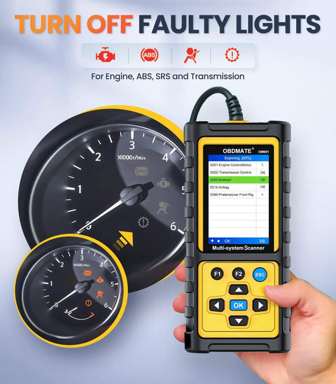 Hand holding OBD2 Scanner For ABS SRS And Transmission With Full OBDII Functions, Clears Fault Codes And Check Engine Light