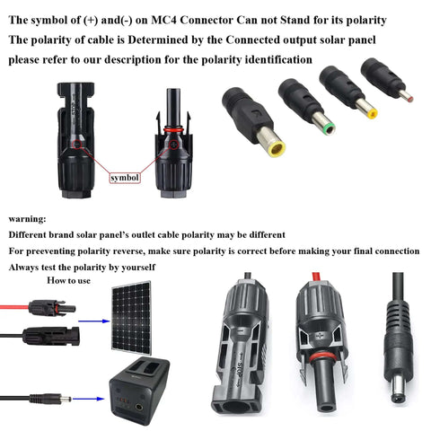 Solar Panel Adapter Cable MC4 To DC With Multi Connector Tips For Easy Hookups 5.5x2.1mm 5 Ft 16 AWG shown with polarity symbols.