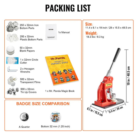 Packing list showing parts for Button Maker Kit For Diy Projects 32 Mm Press Machine With 500 Button Parts Circle Cutter and more.